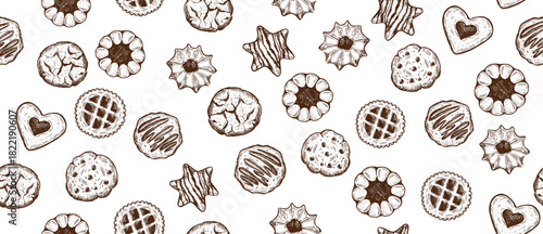 Cookie pattern on white, hand drawn illustration.	
