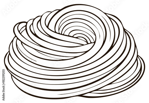 Black and white illustration of a cooked pasta nest, with detailed lines, and abstract pattern