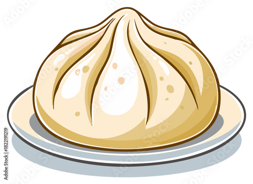 Cartoon illustration of delicious steamed dumpling on a plate, isolated.