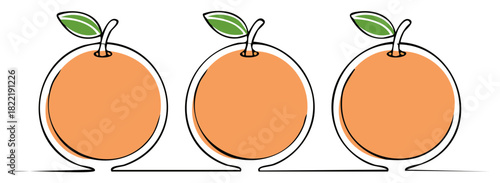 Three modern graphic illustrations of ripe oranges with green leaves