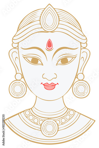 Elegant line art portrait of an Indian goddess with traditional ornaments and a serene expression