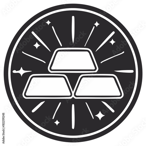 Graphic illustration of stacked gleaming gold bars within a circle symbolizing wealth prosperity and investment