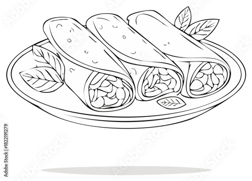 Line art illustration of three enchiladas with basil leaves on a serving plate