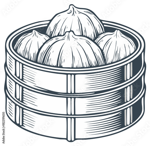 Dim sum illustration in a bamboo steamer, traditional Asian cuisine