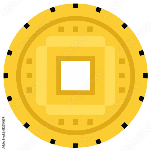 Stylized Ancient Coin with Square Hole, Golden Asian Currency Vector