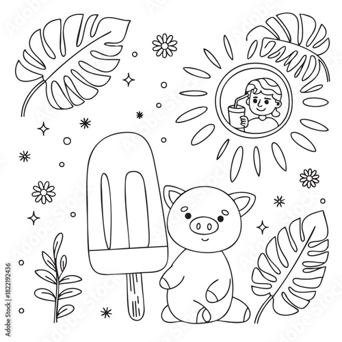 Cute cartoon pig with a popsicle in a summer scene with sun and tropical leaves swine animal