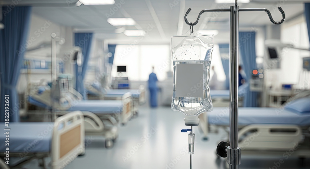 Fototapeta premium Intravenous IV drip bag hanging on metal stand in a blurred modern sterile hospital ward with empty beds and medical personnel background