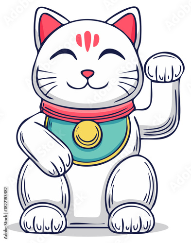 Smiling Maneki Neko with Raised Paw Cartoon, Lucky Cat Vector Illustration