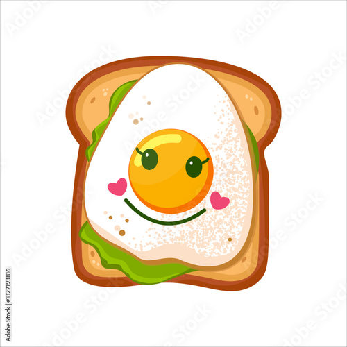 Cute sandwich with love, fried egg and smile, lettuce leaves. Flat vector illustration of healthy and funny breakfast.