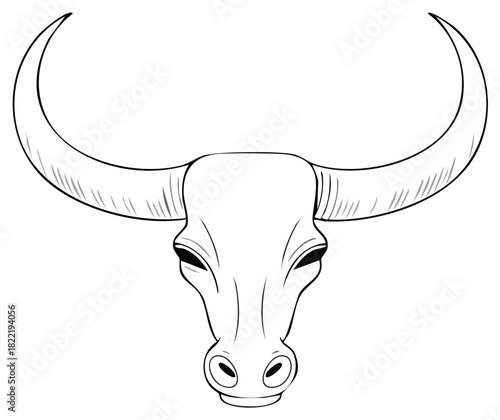 Illustrated Silhouette of a Bull Head with Curved Horns in a Line Drawing Style