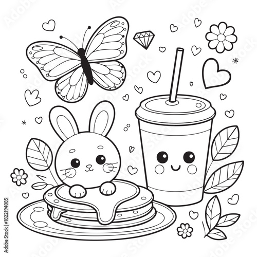 Kawaii bunny on pancakes with a drink, butterfly and diamond rabbit syrup