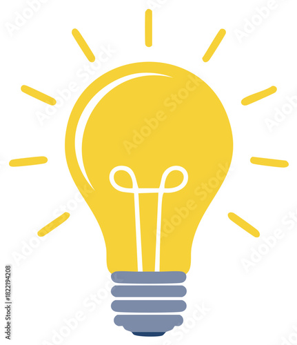 Bright yellow incandescent light bulb glowing with radiating light beams symbolizing innovation and inspiration