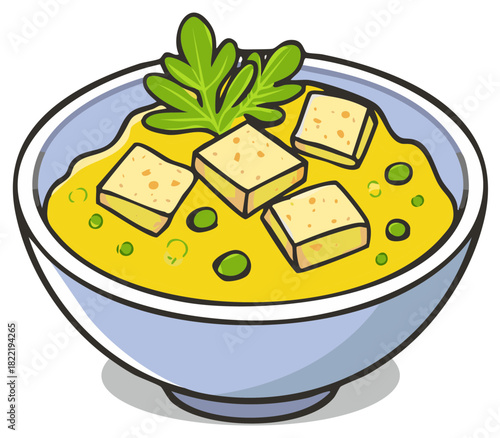 Bowl of vibrant yellow Indian curry with paneer cubes and peas cartoon vector illustration