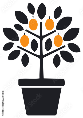 Illustration of a potted tree with orange fruits and black leaves, minimalist design.