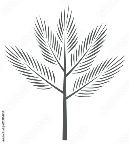 Stylized silhouette of a palm tree with linear fronds spreading outwards against a white background