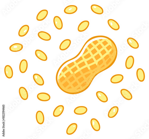 Cartoon Illustration of a Peanut in Shell Surrounded by Many Shelled Kernels