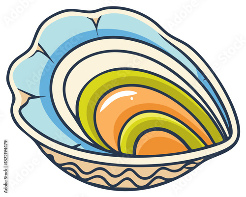 Vibrant vector illustration of an open oyster shell with pearl detail
