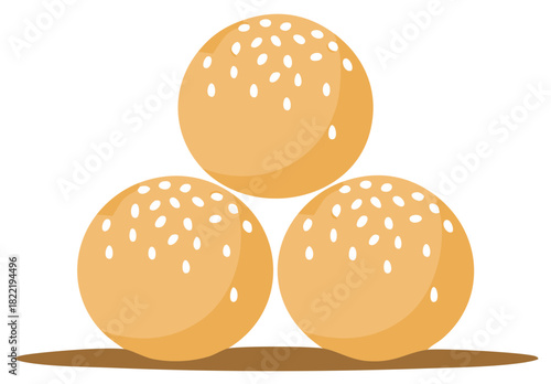 Illustration of three sesame balls piled on each other, round fried pastries, snack, appetizer, and simple food.