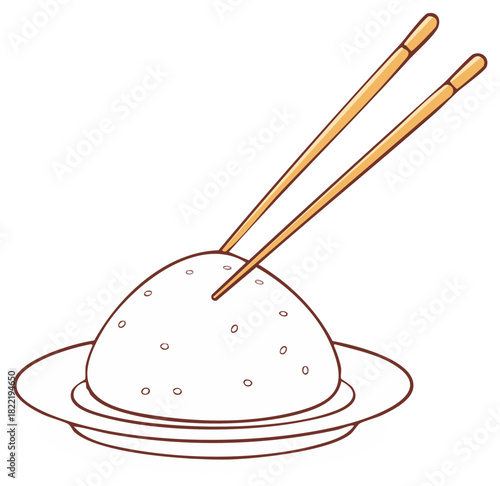 Cartoon illustration of a bowl of rice and chopsticks