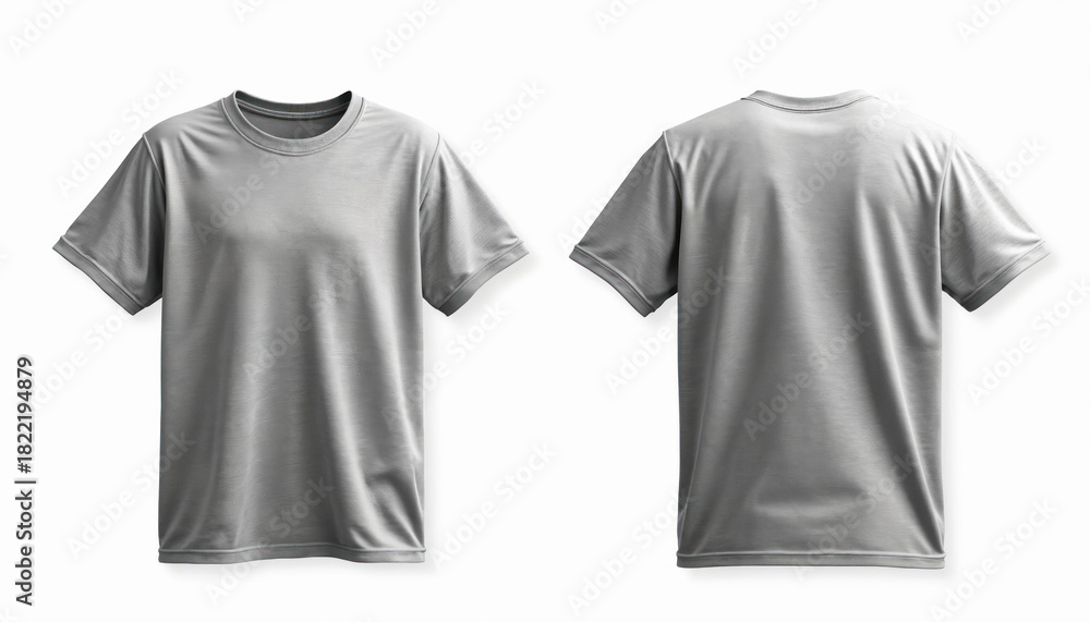 Naklejka premium Blank grey t-shirt mock up shows front, back views. Plain gray tee shirt template. Casual apparel for men women youth. Display new clothes design for advertisement. Ideal for product presentation