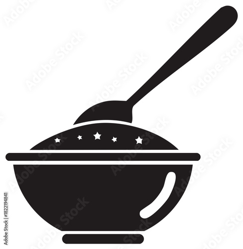 Cereal bowl icon with spoon and stars, isolated dessert breakfast, porridge bowl illustration, simple cartoon outline
