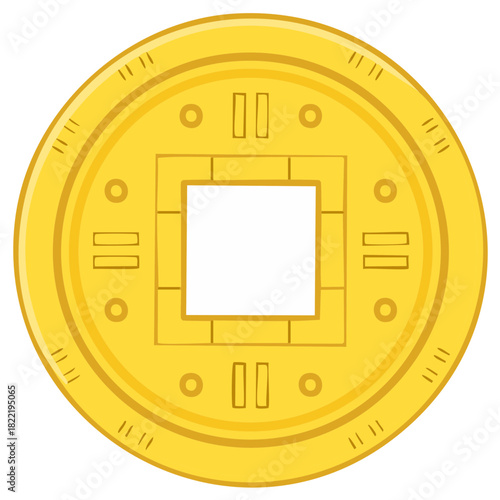 Golden Chinese lucky coin with square hole and traditional symbols representing prosperity and good fortune