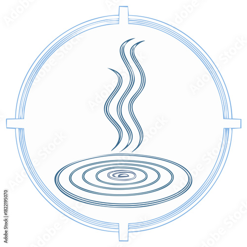 Stylized Hot Spring Illustration: Bubbling Water, Rising Steam, Circular Frame
