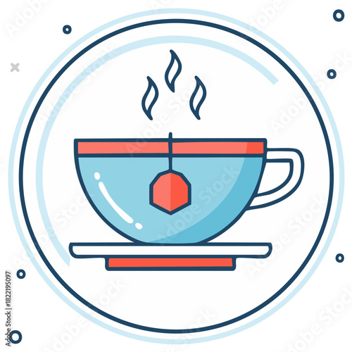 Steaming teacup illustration with tea bag, hot drink beverage icon