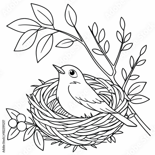 Bird sitting in nest with branches coloring page for kids