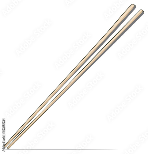 Pair of simple wooden chopsticks arranged diagonally on a white background with a subtle shadow