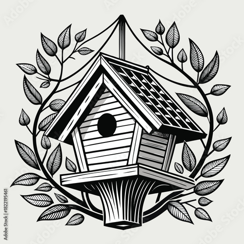 Hand drawn birdhouse with leaves and branch illustration in black and white