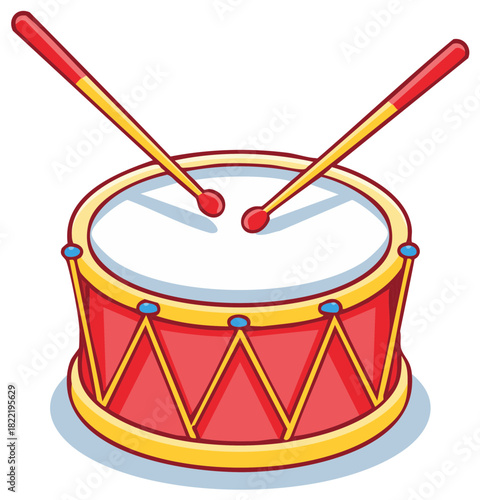 Vibrant red toy drum with yellow trim and two drumsticks, playful cartoon musical instrument illustration