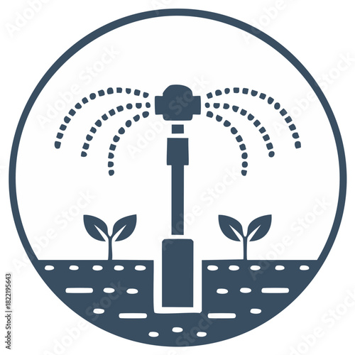 Irrigation system sprinkler watering small plant seedlings in a farm field vector icon