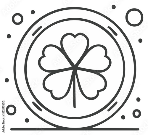 Line art icon of a lucky four leaf clover on a coin for St Patricks Day. Symbol of good fortune and prosperity.