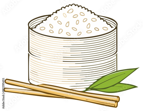 Cooked white rice in a bamboo steamer with chopsticks and fresh green leaves illustration