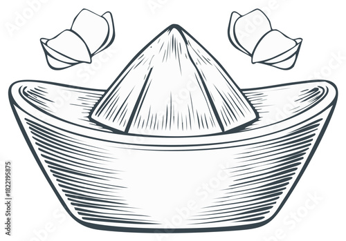 Hand drawn conical hat and blooming flowers outline drawing vintage art style