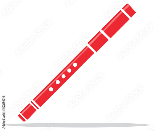Red flute woodwind musical instrument vector icon. Simple flat design for music, orchestra, and band concepts.