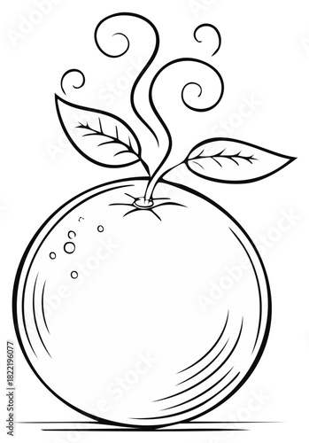 Stylized Orange with Leaves and Stem Tendrils Illustration - Simple Black Line Design for Coloring Book Art