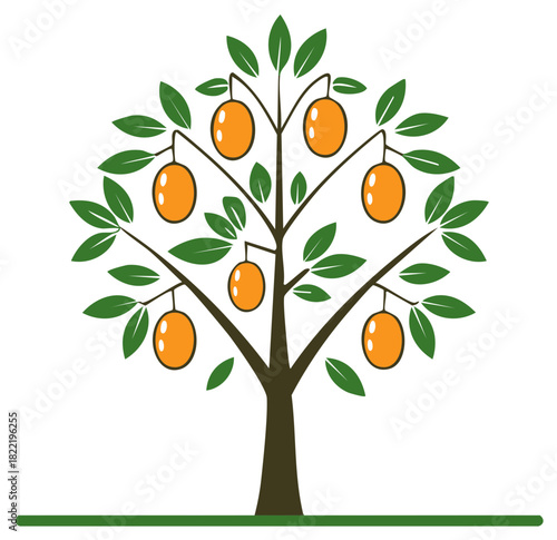Tree with oranges and green leaves on white background, graphic illustration of nature.