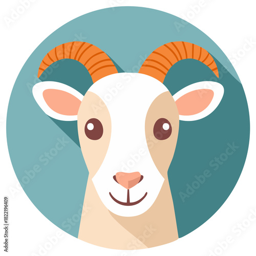 Adorable Cartoon Goat Face with Orange Horns Smiling in Circle Shape Illustration