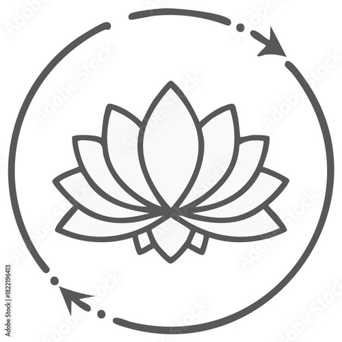Lotus flower in a circle with arrows, concept of cycle, growth, or meditation