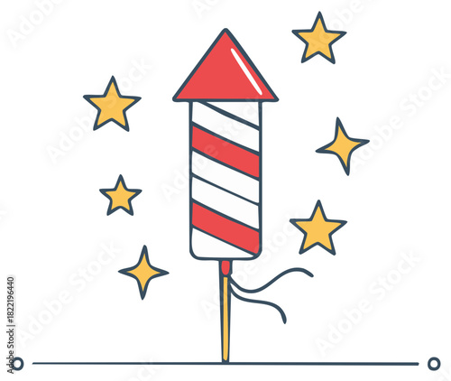 Red white striped firework rocket with yellow stars celebration concept