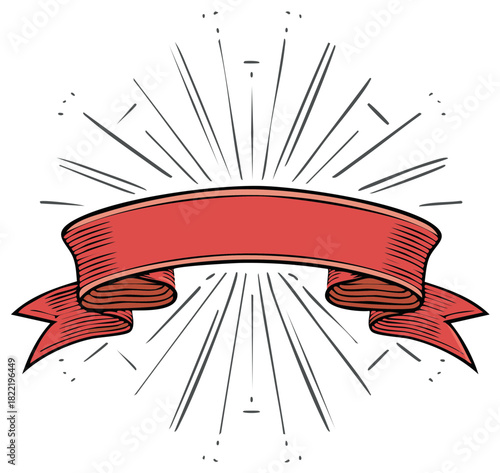 Retro hand drawn blank red ribbon scroll with sunburst effect for text