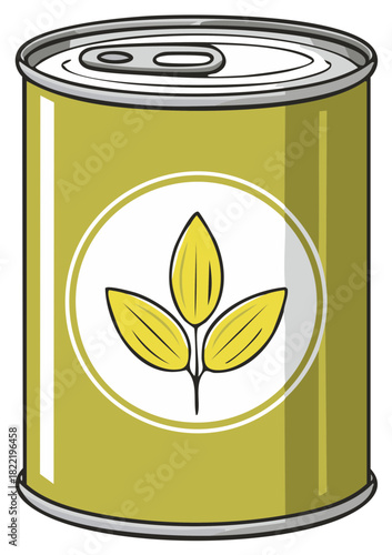 Vector illustration of a generic food can with a simple plant logo on a green label