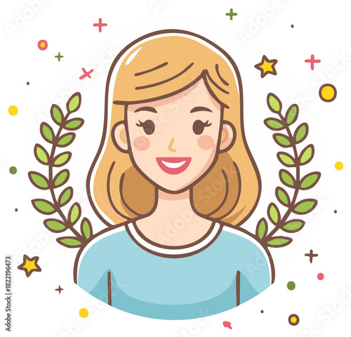 Cartoon woman portrait with blond hair foliage and stars decoration illustration