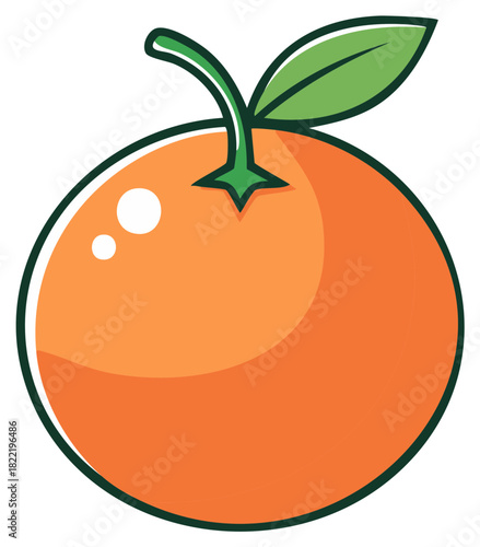 Cartoon orange fruit illustration with leaf and stem, isolated, fresh and vibrant