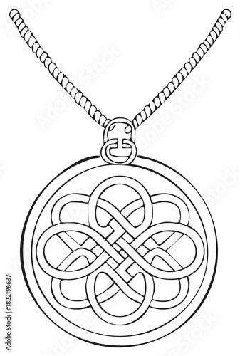 Outline of round Celtic knot pendant on chain, black and white sketch illustration of jewelry, Celtic ornament, necklace design