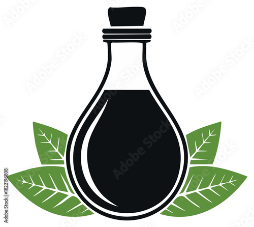 Natural herbal elixir or essential oil in a corked glass bottle with leaves vector icon.