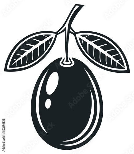 Black and White Olive Branch Illustration with Leaves and Fruit