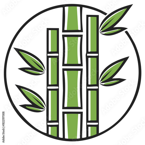 Stylized Green Bamboo Stalks with Leaves in a Circle Emblem